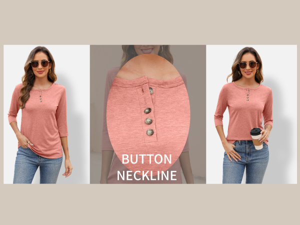 Womens Crew Neck 3/4 Sleeve Tops Basic Button T-Shirts Solid Loose Cute Tunic Tee Blouses