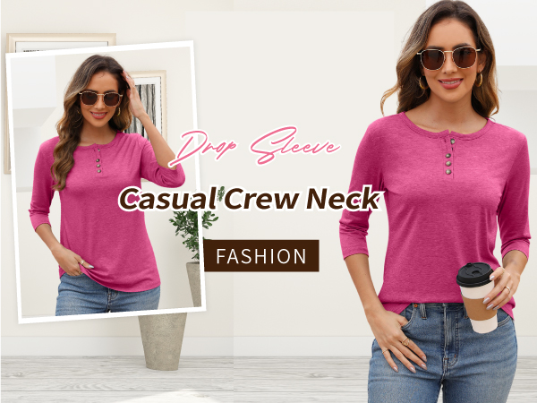 Womens Crew Neck 3/4 Sleeve Tops Basic Button T-Shirts Solid Loose Cute Tunic Tee Blouses