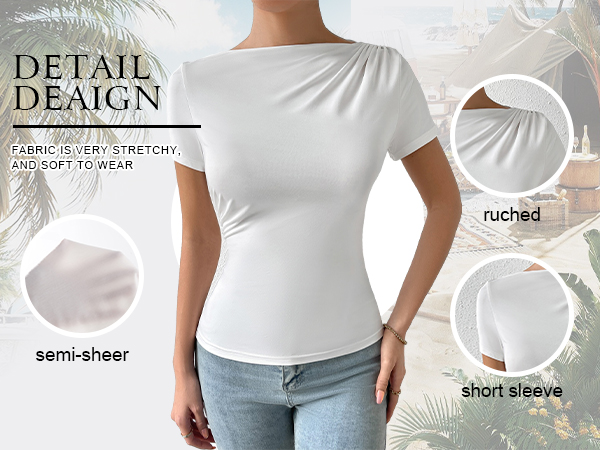 Asymmetrical Ruched Bodycon Tee Top Solid Short Sleeve Boat Neck T Shirt