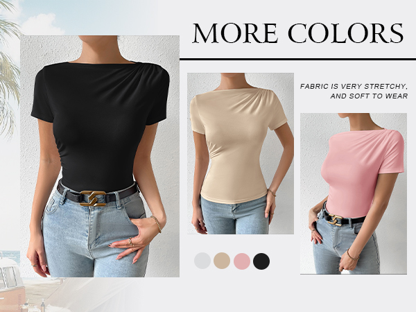 Asymmetrical Ruched Bodycon Tee Top Solid Short Sleeve Boat Neck T Shirt