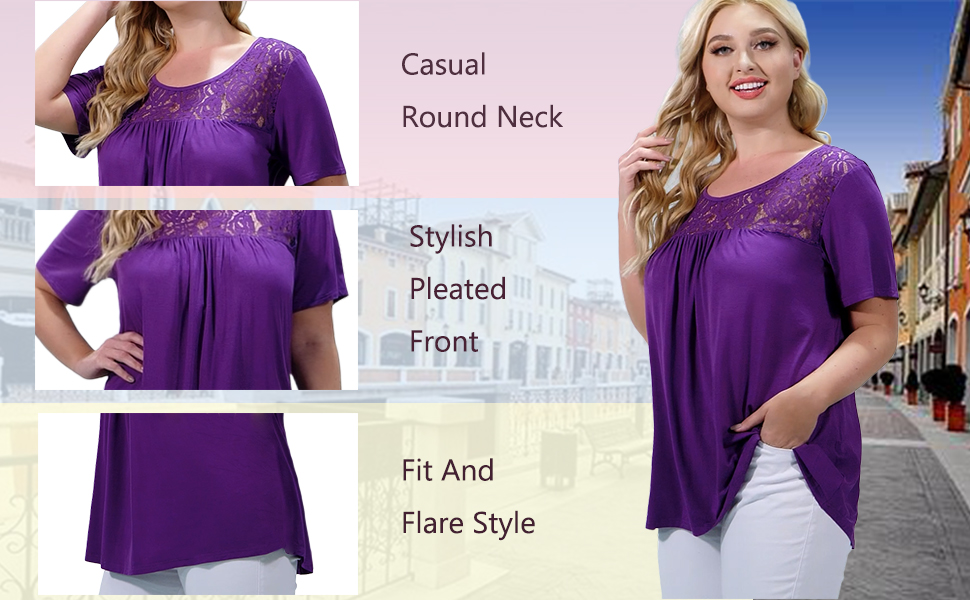 Flowy plus size tops, O neck that''s complemented by lace, pleated tunic tops, short sleeve