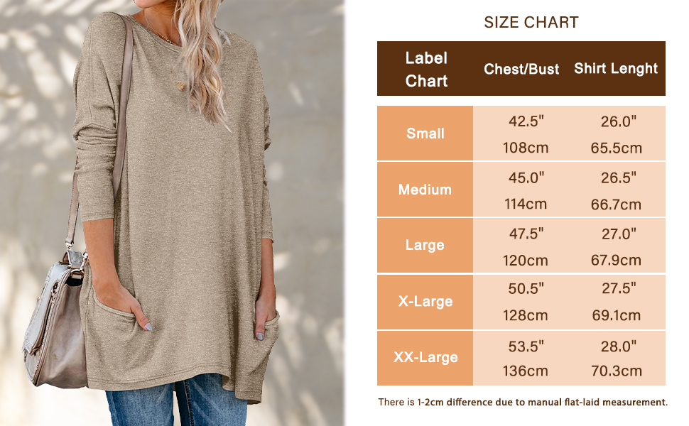 women long sleeve t shirt size chart