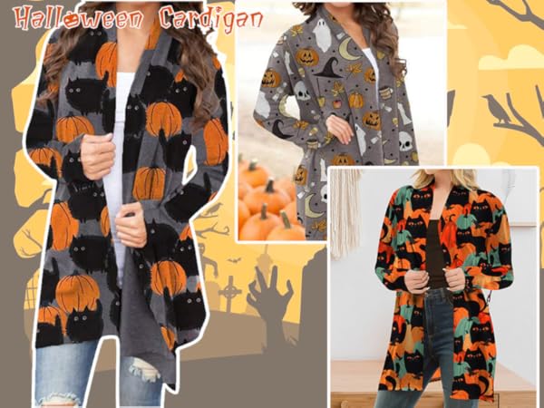 Women''s Halloween Cat Pumpkin Cardigan