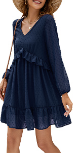 fall autumn  long lantern puff sleeve swiss dot ruffle hem flowy swing mini dress