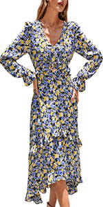 Womens Casual V Neck Long Sleeve Ruffle Dress Floral Print Evening Party Wedding Long Maxi Dresses