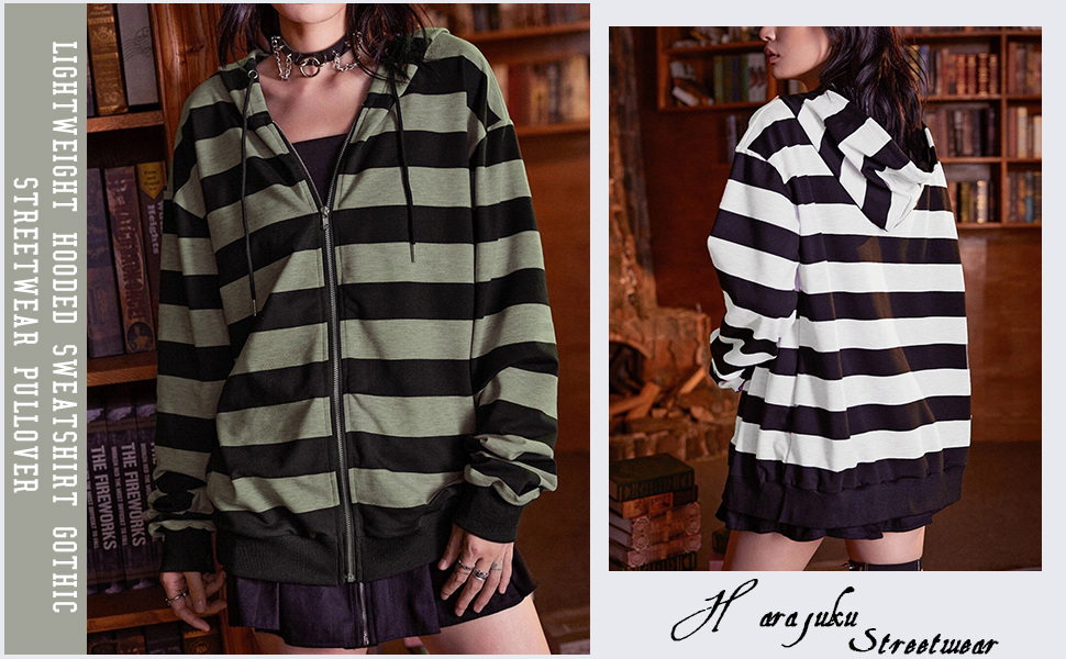 emo grey green striped sweatshirt women goth hoodie