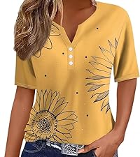 summer tops for women 2024 short sleeve henley shirts button down sun flower