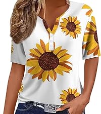 summer tops for women 2024 short sleeve henley shirts button down sunflower print