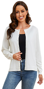 white crew neck cardigan for women