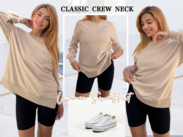 Crewneck Sweatshirts Cute Tunic Tops For Women Loose Fit Dressy Ribbed Hem