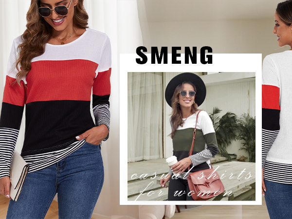 Womens Long Sleeve Shirts Crew Neck Color Block Sweater Fashion Fall Waffle Comfy Casual Tops