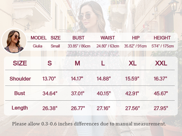 Work Tops Size Chart