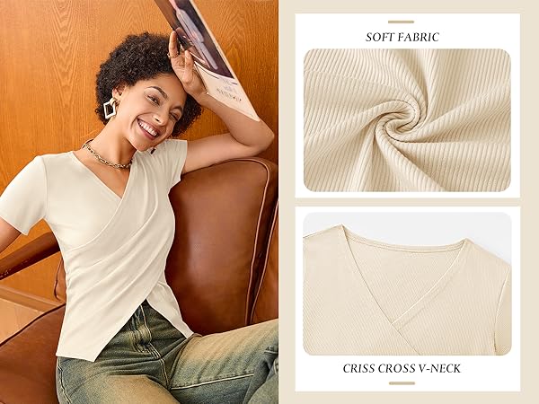 Solid Knit Shirts Chic Cross Wrap Tops