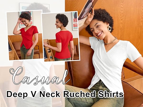 Casual  V Neck T Shirts Ladies Work Blouse