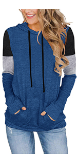 Womens Color Block Hoodies Long Sleeve Shirts Hooded Sweatshirts Pullover Tunic Tops with Pocket