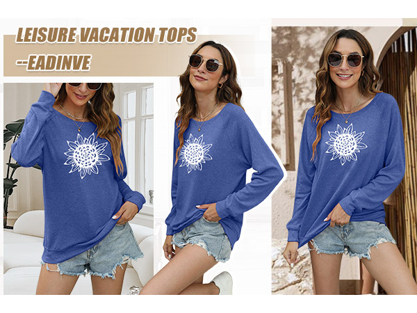 Womens Casual Long Sleeve Sweatshirt Crew Neck Sunflower Graphic Pullover Lightweight