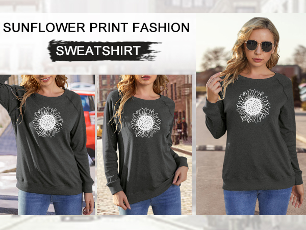 Womens Casual Long Sleeve Sweatshirt Crew Neck Sunflower Graphic Pullover Lightweight