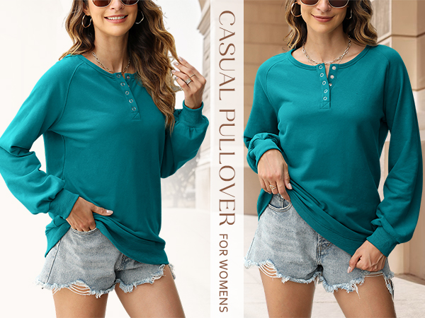 Womens Long Sleeve Sweatshirt Casual Crew Neck Button Puff Sleeve Cute Lightweight Pullover