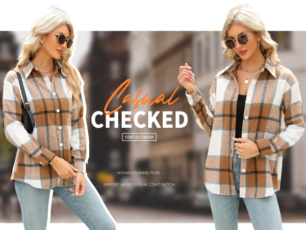 Womens Flannel Plaid Shacket Jacket Casual Coats Button Down Long Sleeve Business Shirt