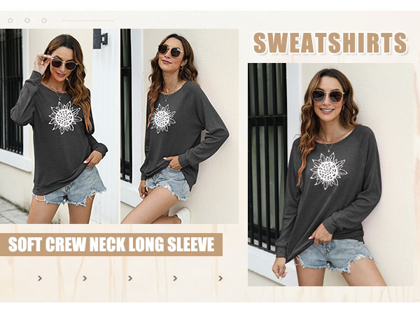 Womens Casual Long Sleeve Sweatshirt Crew Neck Sunflower Graphic Pullover Lightweight