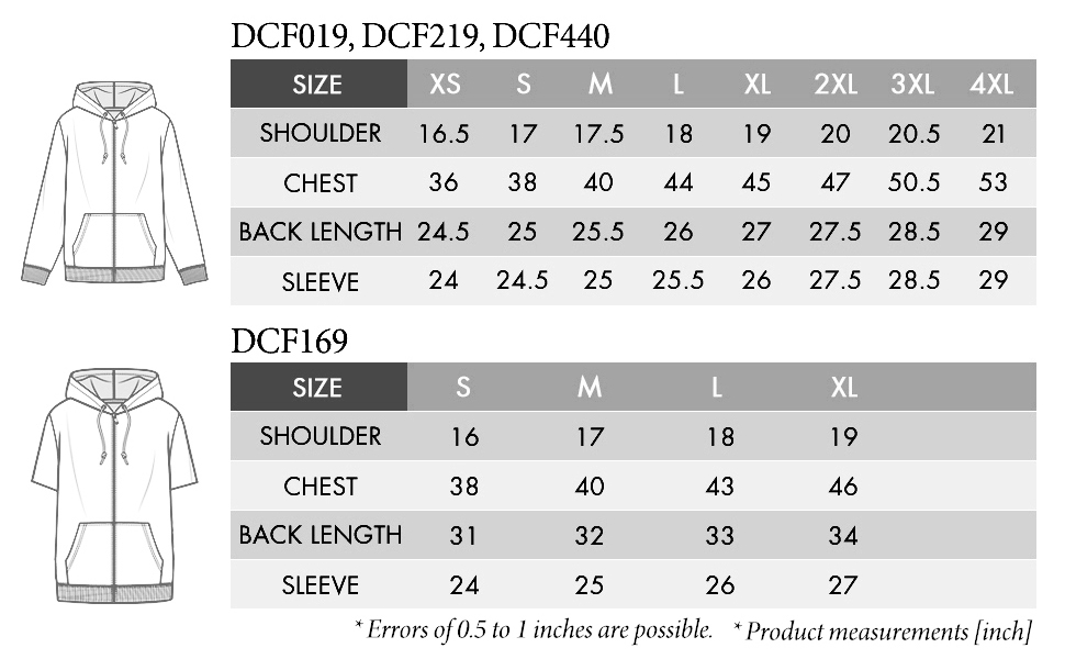 .DCF019, DCF219, DCF440, DCF169  A+ Size Chart