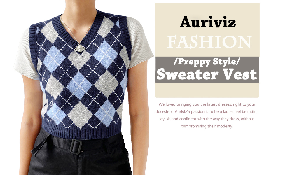 Women Streetwear Preppy Style Knitwear Cropped Tank Top V Neck Argyle Plaid Knitted Sweater Vest