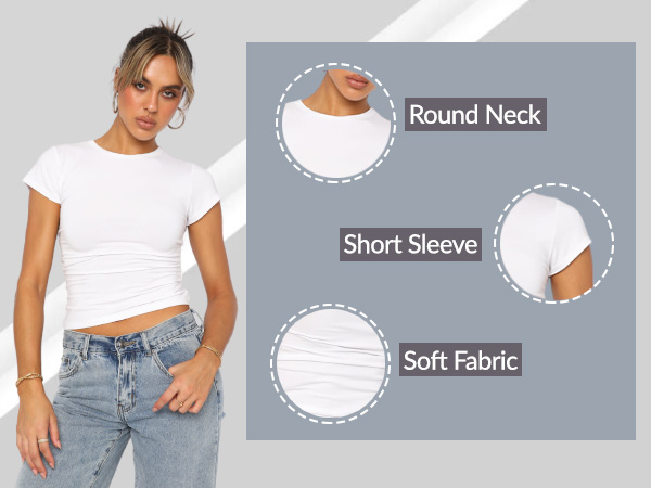 Womens Basic Stretchy Short Sleeve Scoop Neck Crop Tops