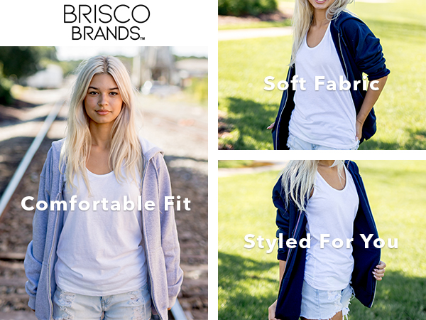 Female model wearing Brisco Brands zip up sweatshirt