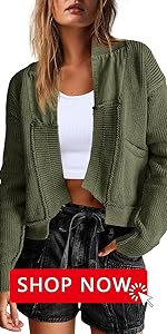 Oversized Cardigan Sweater Open Front Outerwear Chunky Knit Cropped Sweater Jacket with Pockets