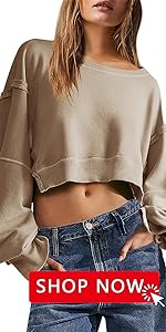 Oversized Cropped Crewneck Sweatshirt Long Sleeve Side Split Top Casual Loose Drop Shoulder Pullover