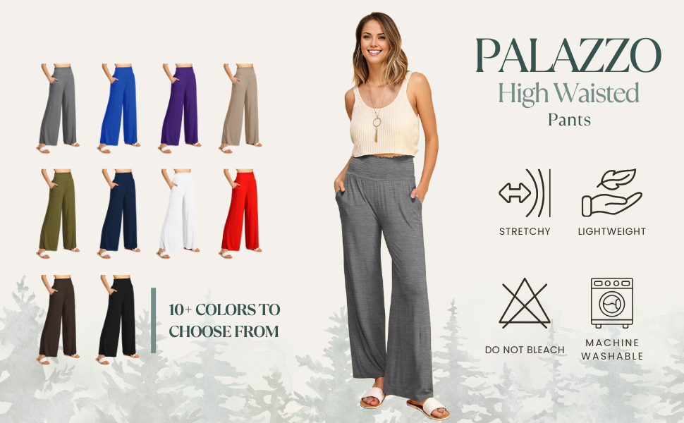 Women''s Elastic High Waisted Palazzo Pants Casual Wide Leg Long Lounge Pant Trousers with Pocket 