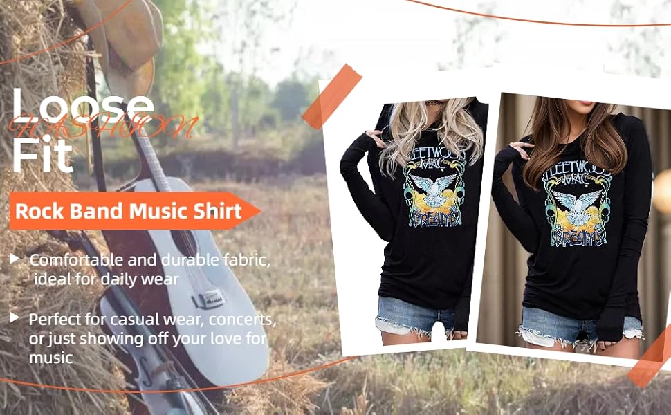 Rock Band Hoodie Shirts for Women Rock and Roll Vintage Music Graphic Shirts Casual Concert Tops