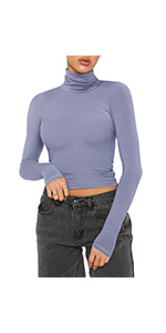 Fall Turtleneck Long Sleeve Ribbed Slim Fitted Tshirts Trendy Basic Y2K Crop Top