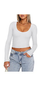 Casual Scoop Neck Long Sleeve Crop Top