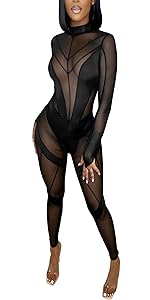 High Neck Sheer Mesh Splicing Bodycon Jumpsuit Romper Clubwear