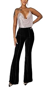 Women''s Velvet High Waisted Flare Pants Casual Bell Bottom Long Trousers