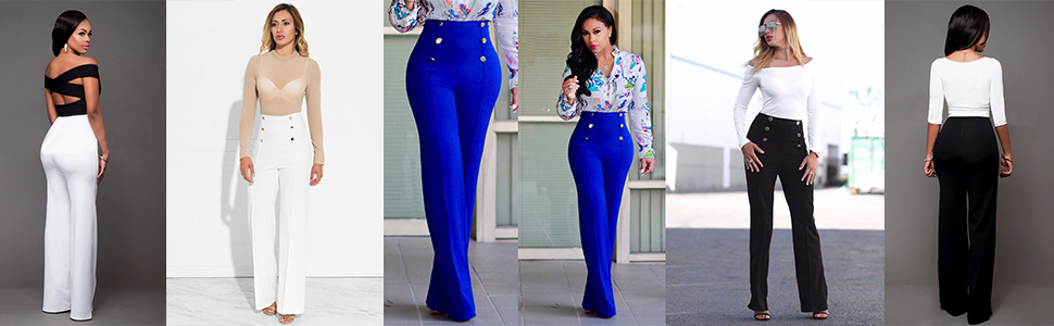 Stretchy High Waisted Wide Leg Button-Down Pants for Women