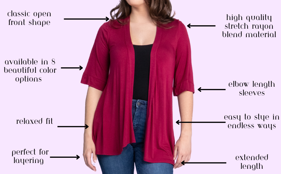 24seven Comfort Apparel Open Front Shrug Cardigan Features