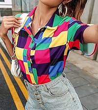 Casual Short Sleeve Shirt Button Down colorblock Collar 80s 90s Blouse Tops