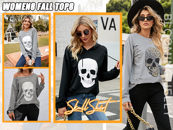 Different Style Women''s Crewneck Sweatshirt Skull Graphic T Shirts