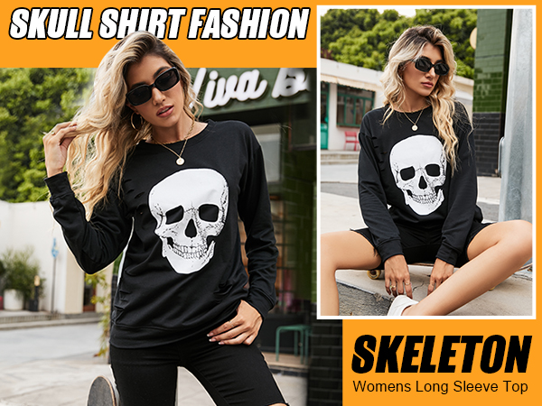 Women''s Crewneck Sweatshirt Skull Graphic T Shirts Long Sleeve Top Pullover Oversized Sweaters