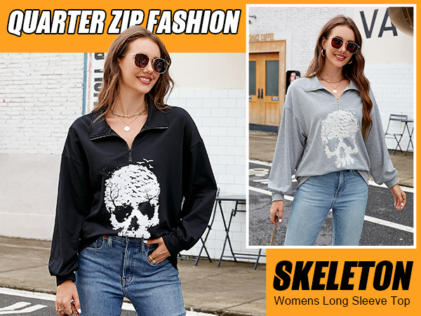 Women''s Crewneck Sweatshirt Skull Graphic T Shirts Long Sleeve Top Pullover Oversized Sweaters