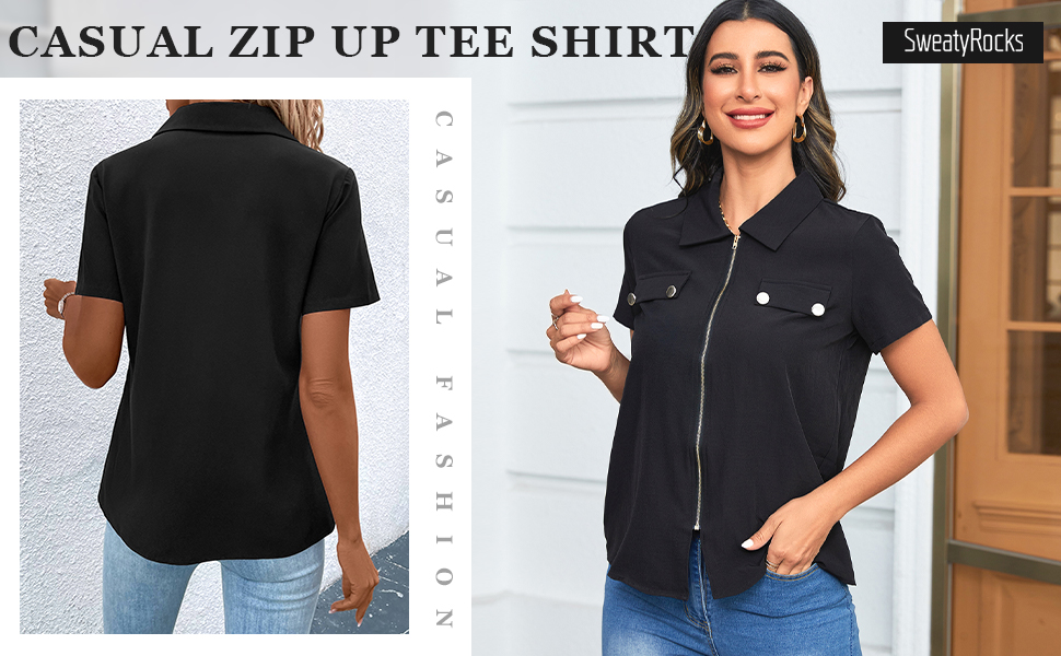 Short Sleeve Collared Button Front Full Zip Up Tee Shirt