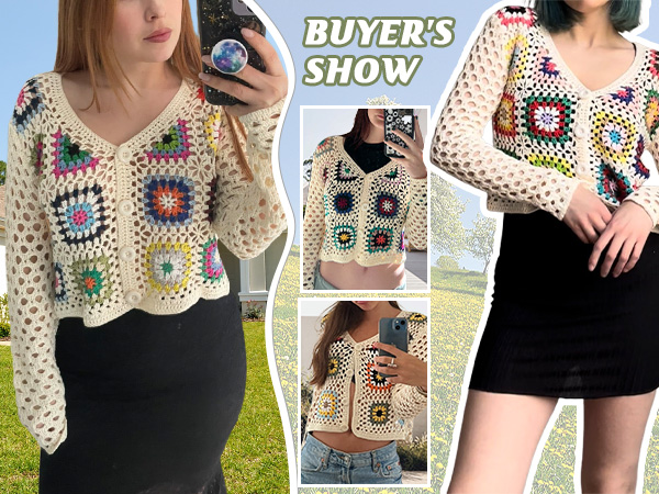  Crochet V Neck Button Down Long Sleeve Cropped Cardigans