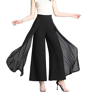 Womens Chiffon High Waist Palazzo Dressy Pants Flare Elastic Waist Culottes Trousers Pant Suits