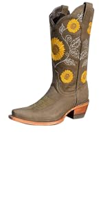 Women''s Sunflowers Embroidery Mid Calf Retro Square Toe Boots Slip On Cowboy Boots