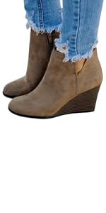 Women''s Low Heel Suede Round Toe Ankle Boots Wedge Shoes