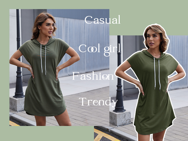 Women''s Summer Casual Batwing Short Sleeve Sweatshirt Dress Drawstring Hoodie Dress with Pockets