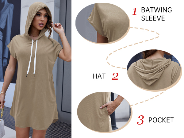 Women''s Summer Casual Batwing Short Sleeve Sweatshirt Dress Drawstring Hoodie Dress with Pockets