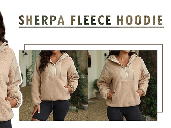 Womens Fuzzy Fleece Hoodie Sherpa Sweatshirt Fluffy 1/4 Zip Up Pullover Outerwear with Pockets